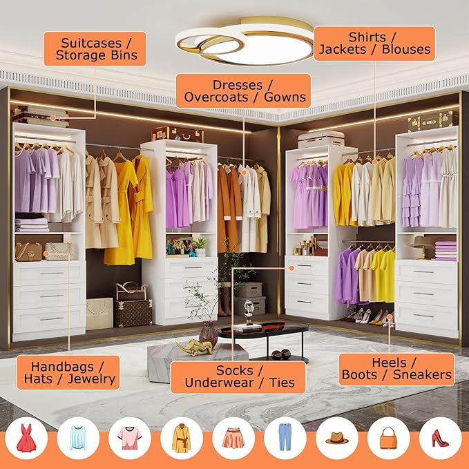 Closet System Set of 3, Closet System with 9 Drawers, 6 Rods & 3 Shelves, 6-15FT Walk in Modular Closet Organizer System, DIY Custom Built in Wood Closet Organizer Kit, White