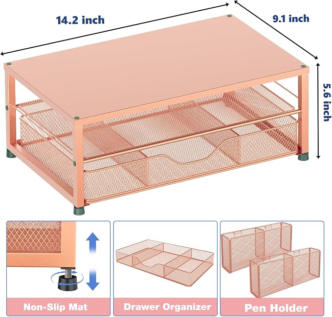 OPNICE Desk Organizer and Accessories, 2-Tier Computer Monitor Stand Riser with Drawer and 2 Pen Holders, Laptop Stand, Office Desk Accessories for Office Supplies, 1 Pack, Rose Gold
