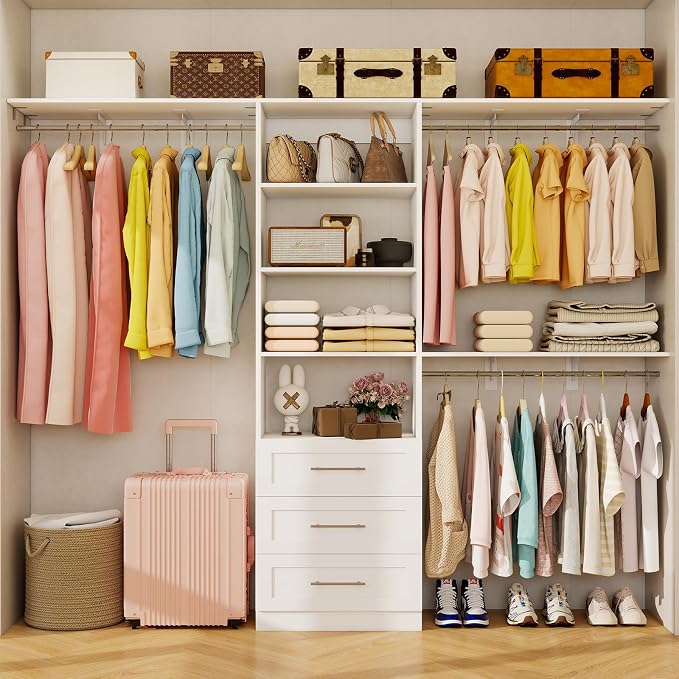 Closet System with Drawers, 5FT-8FT Closet Organizer System with 3 Side Top Shelves(Cuttable) & 3 Expandable Hanging Rods, Walk in Closet Storage Shelving System, Walk in Closet System, White