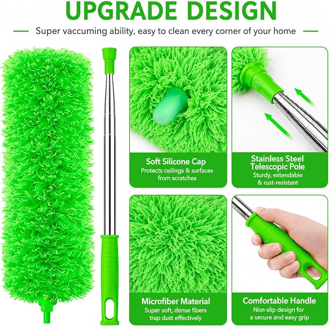 AZUN Microfiber Duster for Ceiling Fans, 30-100 in Telescoping Pole, Green | Microfiber traps dust. Long duster for high ceilings. Cleans ceiling fans, blinds and cobwebs. Washable and reusable.