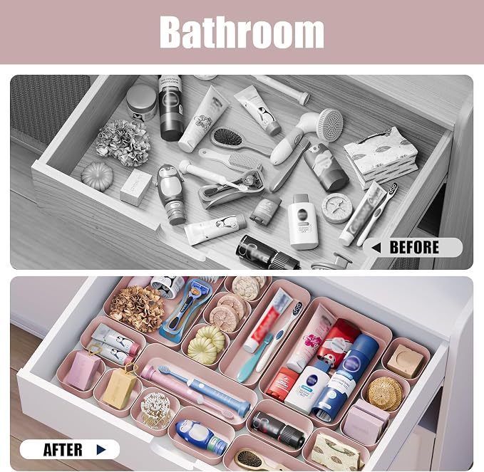Drawer Organizers Bins 10 PCS for Bathroom Makeup Desk Office | with Non-slip Pads, 3 Sizes, Plastic Tray, Vanity Organizer, Kitchen Utensils Organizer
