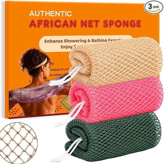 African Net Sponge Authentic Exfoliating Washcloth Body Back Scrubber 3 Pcs | 46 Inch Shower Loofah Exfoliating Bath Sponge for Women and Men Daily Use Body Care Travel Portable Accessories Spa Gifts