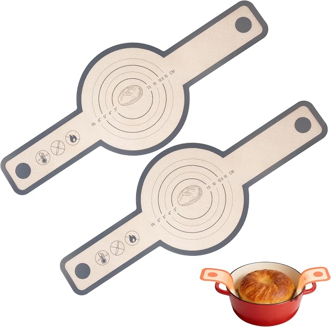 Silicone Bread Sling Mat for Dutch Oven, 2 PCS Non-Stick & Reusable Bread Baking Supplies with Long Handles, Easily Transfer Sourdough & Baking, Dishwasher Safe (Round, Grey)