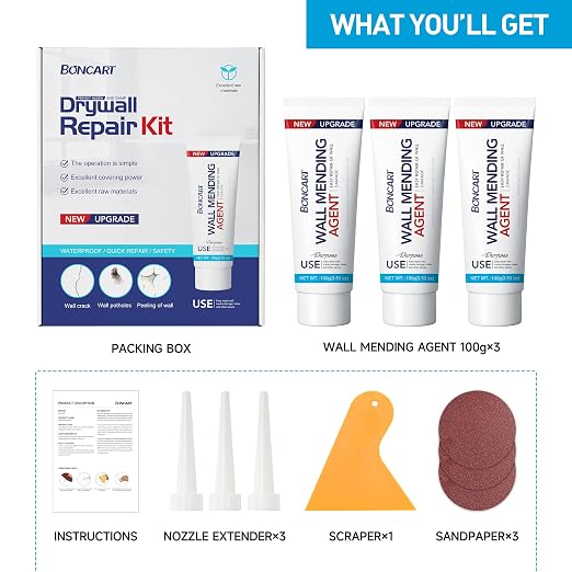 BONCART Spackle wall Repair Kit, 3-Pack Mending Agent Putty with Tools | Includes Scraper And Sandpaper. For Wall Cracks And Nail Holes