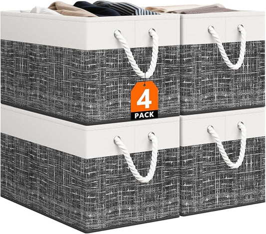 StorageTastic Storage Bin,Collapsible Storage Basket For Organizing,Large Storage Boxes With Rope Handles,Storage Containers,White & Black,4 Pack