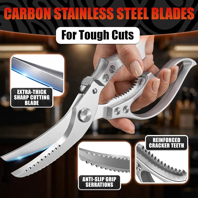Premium Stainless Steel Poultry Shears – Heavy Duty Kitchen Shears for Food, Hardened Blades, One-Hand Safety Lock, Spring Mechanism, Dishwasher Safe – Chicken, Meat Cutting, Turkey, Fish & Vegetables