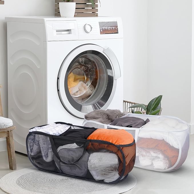 2 Pieces Up Laundry Hamper, 3 Compartment Collapsible Mesh up Laundry Basket, Collapsible Mesh Laundry Baskets for Family College Dorm Hoom Dirt Clothes Bin with Handle
