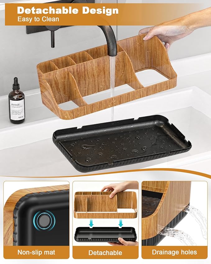 Bathroom Counter Organizer and Storage with 2 Pack Qtip Holder Dispenser, 7 Slots Detachable Toothbrush Holders for Bathrooms, Anti-Slip Electric Toothbrush and Toothpaste Holder Countertop