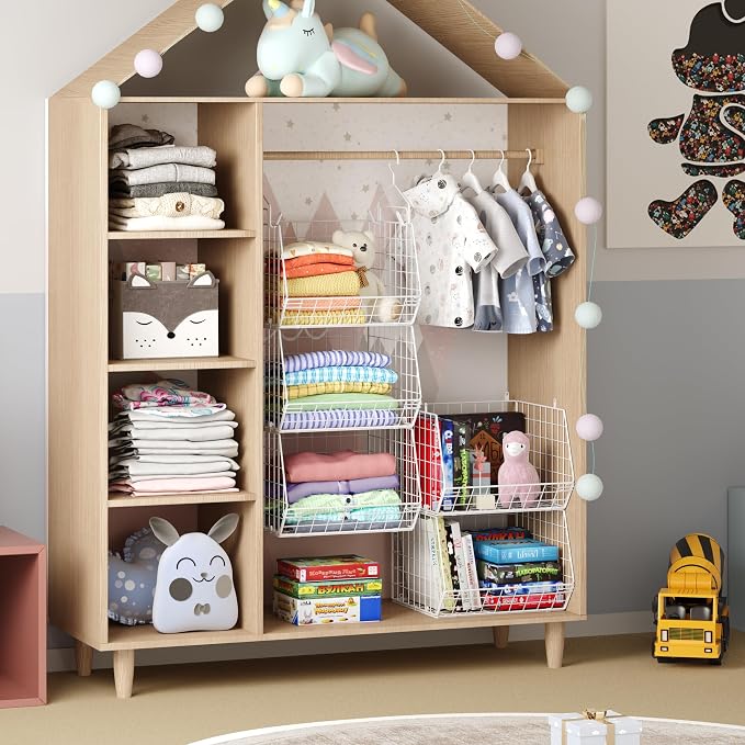 5 Tier Closet Hanging Organizer, Clothes Hanging Shelves with 4 Hanging Hooks 5 S Hooks, Wire Storage Basket Bins, for Clothing Sweaters Shoes Handbags Clutches Accessories Patent Design-White