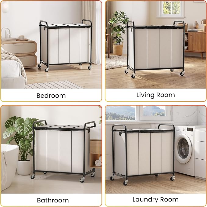 Laundry Sorter 4 Sections 48 Gal, Rolling Laundry Basket with Wheels ＆ Lid | Laundry Hamper, 4 Separated Removable Bags, Lockable Wheels, Dirty Clothes Hamper for Laundry Room Organizer, White
