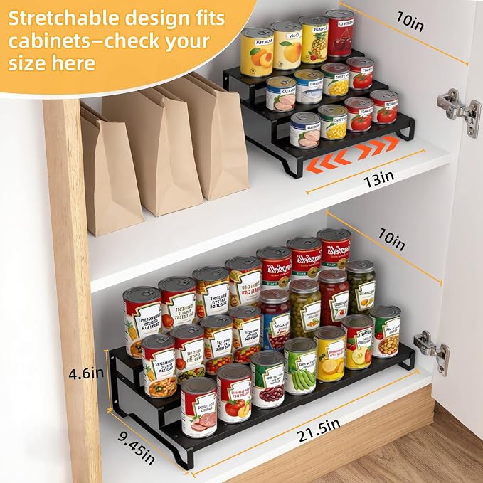 Attelite 3 Tier Expandable Can Rack Organizer for Pantry, Adjustable 13"-21" Metal Soda Can Organizer, Pantry Organization Canned Food Storage Holder for Kitchen Cabinet Countertop, Black 2Pack