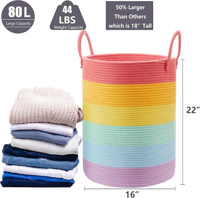 80L Extra Large Rainbow Laundry Hamper Basket for Girls Kids Tall | Unicorn Nursery Toddler Hamper for Clothes Woven Rope Toy Storage Basket in Playroom Bedroom 16"D x 22"H