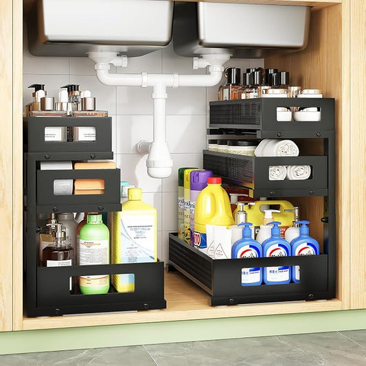 3-Tier Under Sink Organizer,2 Pack Height Adjustable Pull Out Cabinet Organizer Shelf, Thickened Metal Slide out Storage Drawer Rack for Bathroom Laundry Room Kitchen Pantry Organization (Black)