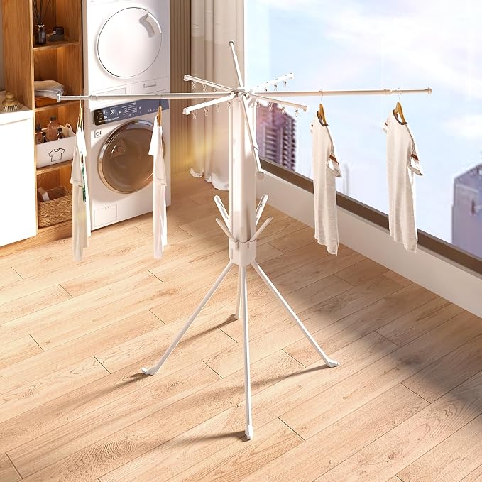 Foldable 4-Legged Clothes Drying Rack, Extra Stable Heavy Duty Laundry Drying Rack with Sock Clips & Shoe Holders, Large Capacity Collapsible Drying Stand for Indoor Outdoor Use