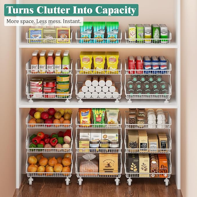 Giwil 3-Tier Rolling Pantry Organizers Fruit Vegetable Storage Basket Cart | 23.62"H under pantry shelf, metal frame, extra standing feet, kitchen produce wire basket for snack fruit onion potato, white