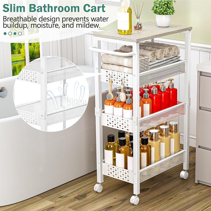 Vivihomety 4-Tier Laundry Utility Rolling Cart with Wheels, Kitchen & Bath | Narrow 8.1" wide, lockable wheels, wood top panel, metal frame, for laundry room, small spaces, pantry, tight gaps, White