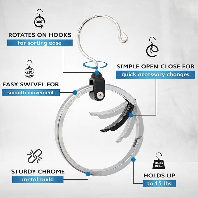 Rolly Hanger® Premium Closet Organizer, Rotating Aluminum Ring Hanger with 360° Swivel Hook, Space Saving Accessory Holder for Belts, Ties, Hats, Scarves, Purses & Handbags | Closet Organizer (2 Pack)