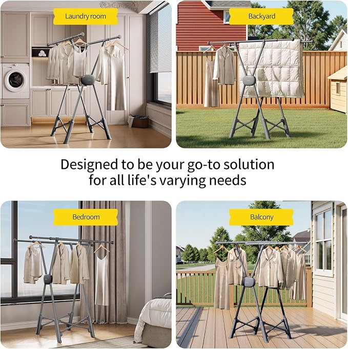 BIREN Clothes Drying Rack Heavy Duty Clothing Racks Foldable Laundry Rack Two Drying Modes Garment Racks for Drying Clothes, Adjustable Length from 32-55 Inches for Indoor Outdoor Use