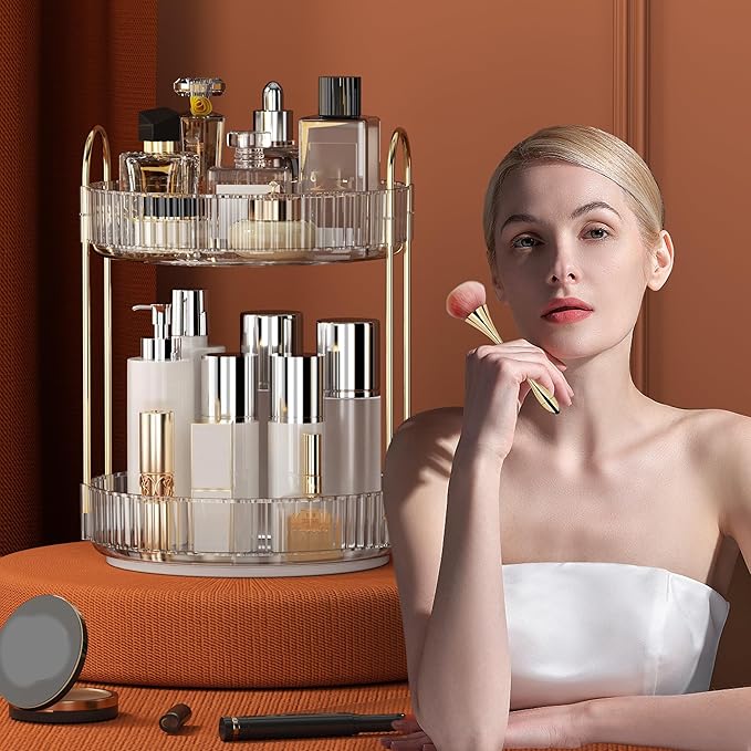 YCIA&DONE 360 Rotating Makeup Organizer and Storage for Vanity Bathroom Countertop, High Capacity Cosmetic Skincare Perfume Organizers for Dresser Lazy Susan (Clear White,2 Tiers)