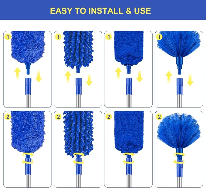 Duster with Extension Pole for High Ceilings & Ceiling Fans, Cobweb Duster | 30-100" Stainless Steel Pole, Bendable Washable Heads, Cobweb and Gap Cleaning, Detachable Heads, Complete 6-Piece Duster Kit