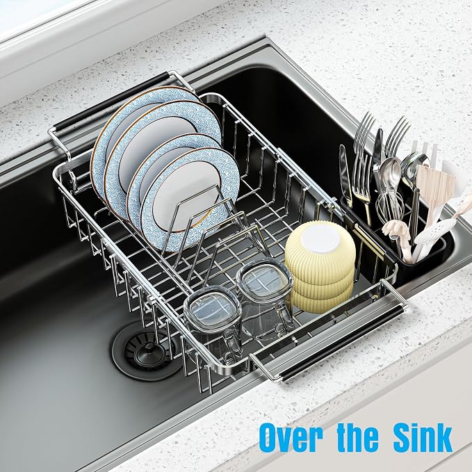 Expandable Over The Sink Dish Drying Rack, Anti-Rust Stainless Steel in Sink Dish Drainer with Cutlery Holder, Counter Space Saving Sturdy Sink Drying Rack for Many Kitchen Drain Task