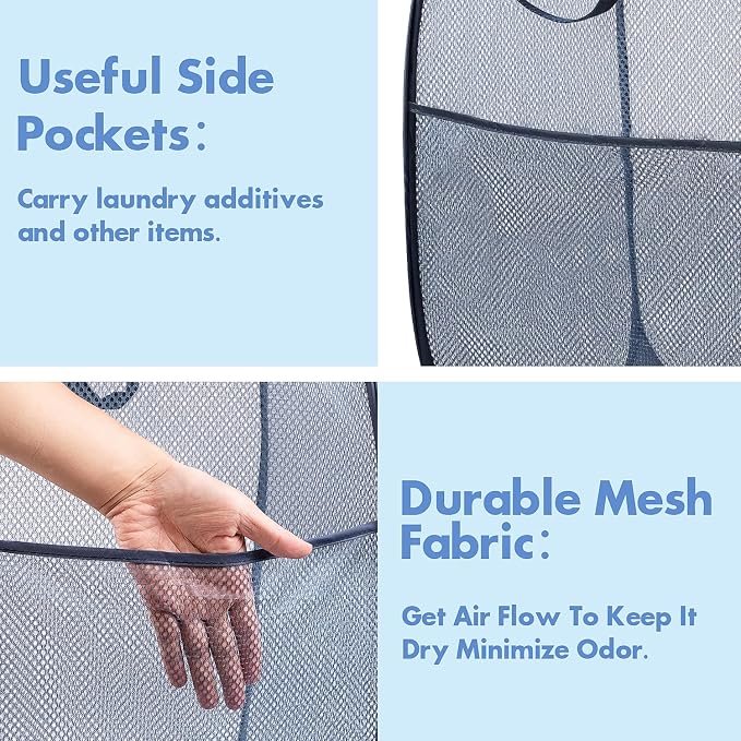 DUCOO Pop Up Laundry Hamper, 70L Collapsible Mesh Laundry Basket with Side Pocket, Foldable Dirty Clothes Hamper with Sturdy Reinforced Handles for Home Dorm Bedroom Travel Bathroom Storage, Blue