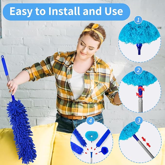 Duster with Extension Pole - Royal Blue | 6-in-1 Kit Dusters for Cleaning, Extendable Duster with 100 Inches, Microfiber Dusters for Ceiling Fans, Furniture, Blinds