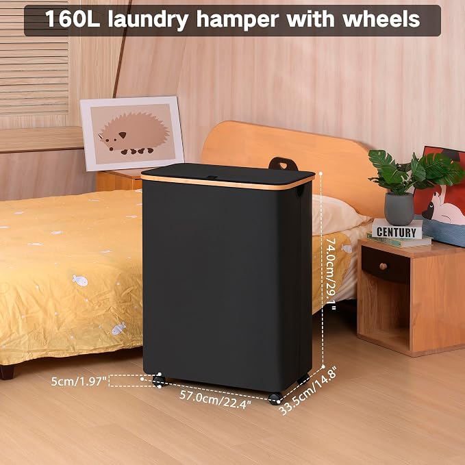 iEGrow Lagre Laundry Basket with Wheels, Laundry Hamper with Lid, 160L Clothes Hamper for Laundry with 3 Liner Bags, for Laundry Room, Bedroom, Dormitory Organization,Black