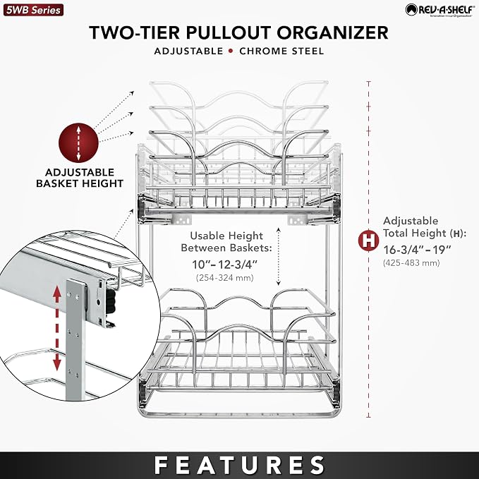 Rev-A-Shelf Pullout Organizer for Cabinets, Min Opening Width of 11.5" | Two-Tier Steel Shelf for Kitchen or Vanity Cabinet Organization, Heavy Gauge Wire Slide Out Storage Basket, 5WB2-1222CR-1