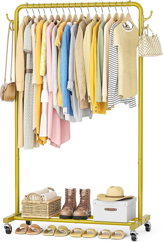 HOMIDEC Clothes Rail, Metal Clothes Rack with 4 Side Hooks, Bottom Storage Shelf and Wheels, Heavy-Duty Clothing Rail Holds Up to 40kg, Clothes Rails for Bedroom, Hallway, Clothing Stores, Golden