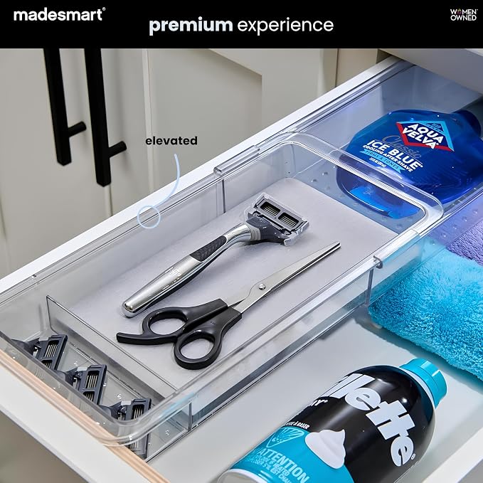 madesmart Toothbrush Drawer Organizer with Drying Stone, Clear Dental Organizer Tray for Bathroom Drawers, Toothpaste Holder, Dental Floss, Water Flosser and Mouthwash Storage, 12 Inch