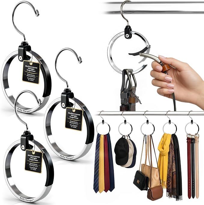 Rolly Hanger® Premium Closet Organizer, Rotating Aluminum Ring Hanger with 360° Swivel Hook, Space Saving Accessory Holder for Belts, Ties, Hats, Scarves, Purses & Handbags | Closet Organizer (3 Pack)