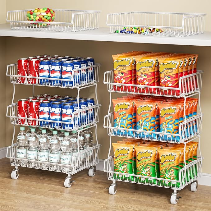 Giwil 3-Tier Rolling Pantry Organizers Fruit Vegetable Storage Basket Cart | 23.62"H under pantry shelf, metal frame, extra standing feet, kitchen produce wire basket for snack fruit onion potato, white