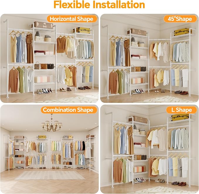 Higeego W4 Wall Mounted Closet System, Expandable Clothes Rack Heavy Duty Clothing Rack for Hanging Clothes, Industrial Pipe Closet Organizers for Reach in Closet, White