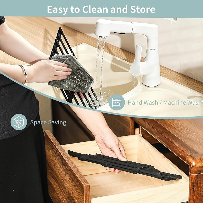 Triangle Roll Up Dish Drying Rack for Sink Corner, Foldable Silicone Coated Stainless Steel Over Sink Rack, Space Saving Heat Resistant Anti-Slip Anti-Rust Drainer Mat for Dish Fruit (Black)