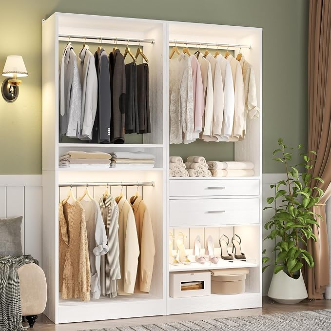 Unikito Closet System Set of 2, 4FT Closet Systems with 2 Wood Drawers, 50" Closet Organizer System with 3 Hanging Rods & 2 Shelves, Heavy Duty 50 Inch Walk-in Closet , White (50" L x 16" W x 80" H)