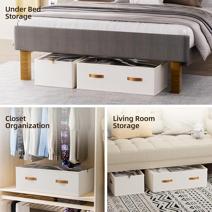 FHSQX 4 Pack Under Bed Storage Bins- 10 Inch Tall Underbed Clothes Storage Containers with Clear Window for Closet, Bed Sheets and Blankets (White, 31.5x15.8x10 inch)