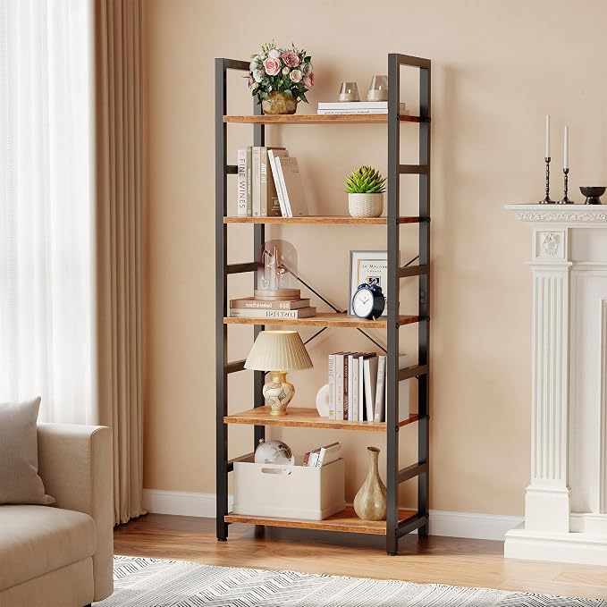 DUMOS 5-Tier Bookshelf, Modern Tall Bookcase Book Shelf | Open Storage Display Shelf for Living Room, Bedroom, Home Office, Narrow Standing Shelving Unit for Books, CDs Rustic Brown