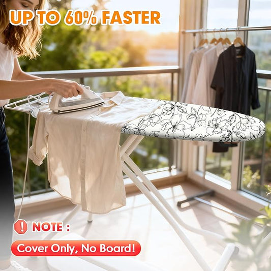 Ironing Board Cover and Pad, 18x49 Extra Wide Thick Iron Padding, Scorch & Stain Resistant Ironing board cover, Heavy Duty Iron Board Padded with Adjustable Fasteners Elastic Edge, Floral White