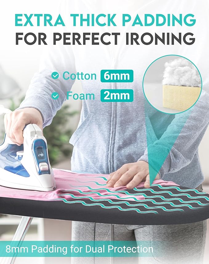 ZOES HOMEWARE 2025 Reinforced Ironing Board Cover and Pad, 15x54 Standard Size, Extra Thick Padding and Heat-Reflective Aluminium Coating, Multi-Layer Design with Elastic Edges Set, Black
