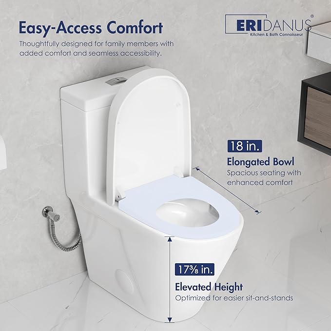 Eridanus One Piece Toilet with Comfort Chair Seat ADA Height 17.3", Powerful Dual Flush Modern Toilet, 1.1/1.6 GPF, 12" Rough-In, Elongated Toilet with Soft Closing Seat, White
