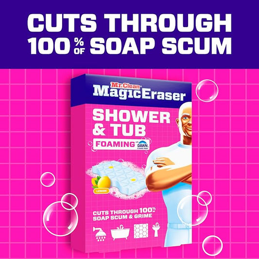 Mr. Clean Magic Eraser Sponge, Bathroom, Shower, Tub Cleaner, Soap Scum Remover, Bathroom Cleaning Supplies, Dawn Cleaning Power with Lemon Scent, Shower & Tub, 6ct (Pack of 4)