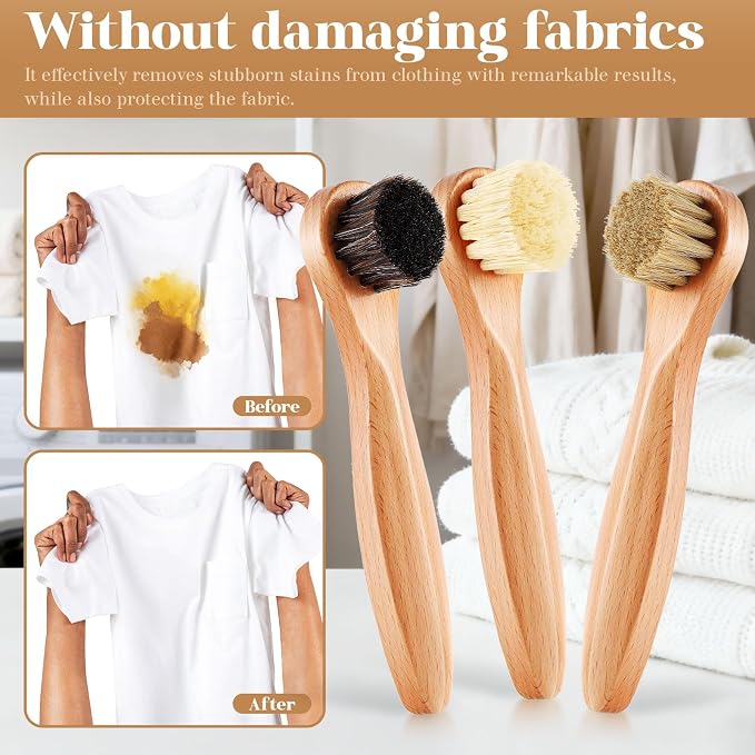 3 Pcs Wooden Laundry Stain Brush Stain Remover Dauber Brushes with Round Head Boar Bristle Small Stain Brush for Clothes for Scrubbing Stains from Furniture Fabric Leather(Style A)