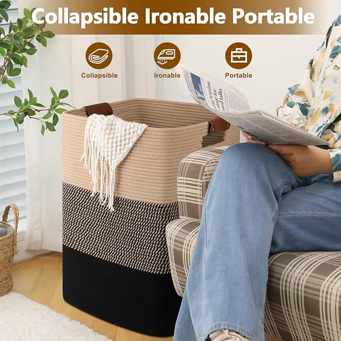 Laundry Hamper 96L Extra Large Laundry Basket, Woven Blanket Basket | Cotton Woven Storage Hamper with Handles for Living Room, Large Baskets for Pillows, Blankets, Clothes-Black & Yellow