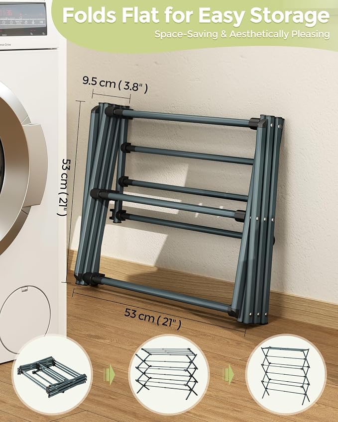 APEXCHASER 3-Tier Foldable Clothes Drying Rack, 37.6" H, Navy Blue | Rust-resistant Metal, Tool-free Assembly, Extendable Drying Hanger, Fold Flat to Easy Storage, 11.8" D x 35" W, Holds 24lbs