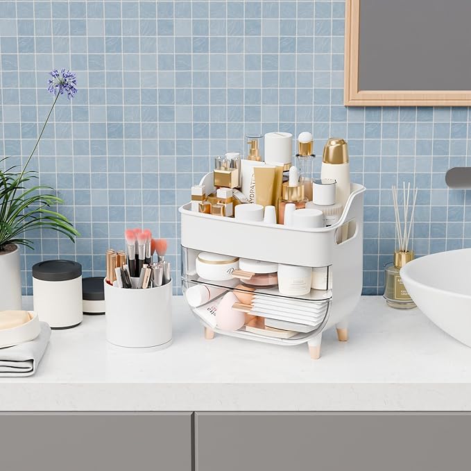 Yieach Countertop Makeup Organizers with Drawers and Handle,Large Cosmetic Organizer for Bathroom Vanity and Dressing,White Cosmetic Display Cases for Hair Tool,Beauty Products,Skin Care Organizer