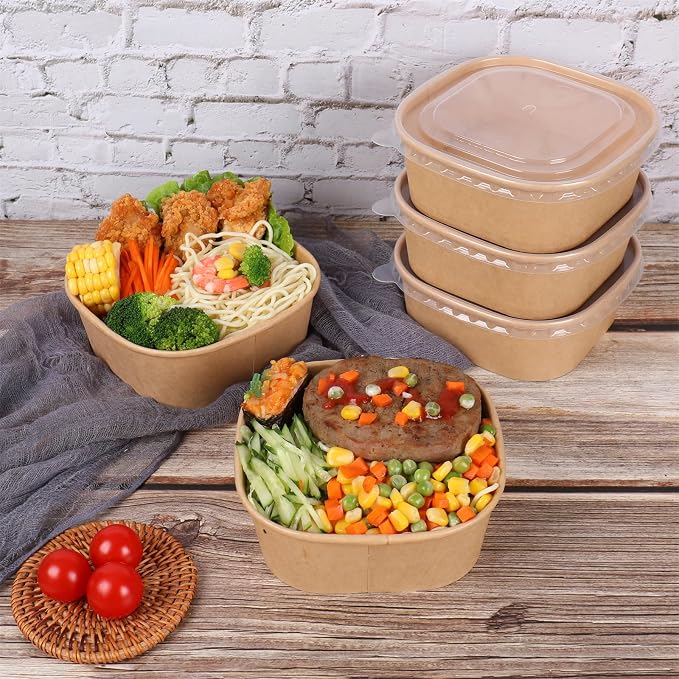 25 oz Disposable Kraft paper bowls with lids Food container 50 Pack