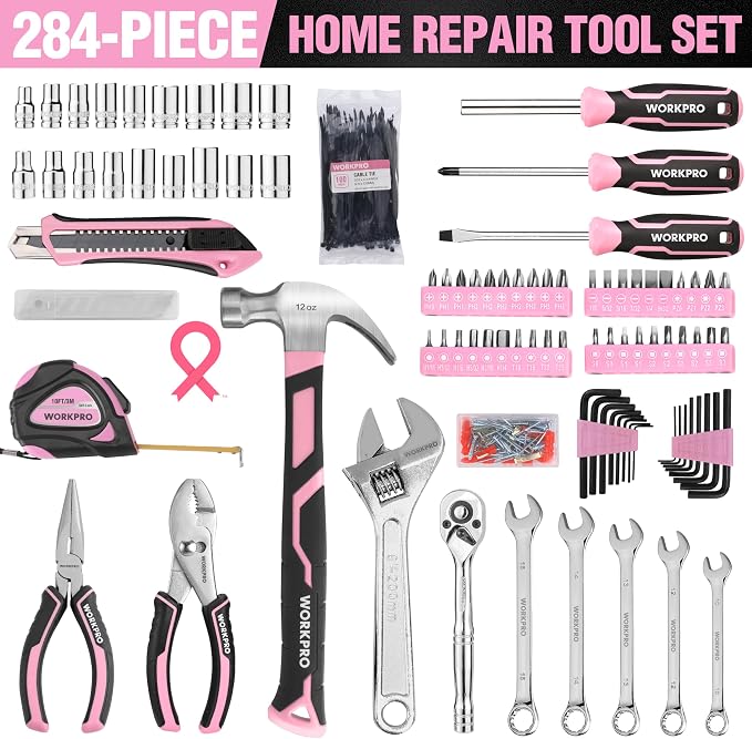 WORKPRO 284PCS Pink Tool Set, Portable Home Basic Tool Kit Box for Women | Household Case with Hammer, Ratchet Sockets, Pliers, Screwdrivers, Repairing Tool Kit, House-Warming, DIY - Pink Ribbon