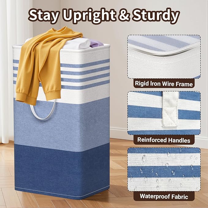 WOWBOX 2 Pack Laundry Baskets, Laundry Hampers, Freestanding Dirty Clothes Hampers with Reinforced Handles & Cross Stitch & Waterproof Coating, for Laundry Bedroom Bathroom Dorm,88L Blue