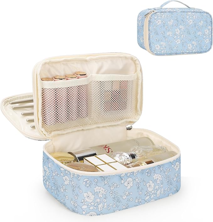 Relavel Travel Makeup Bag, Small Floral Cosmetic Bag with Makeup Brush Compartment, Portable Makeup Pouch for Women, Double Layer Makeup Organizer Bag Cute Toiletry Bag, White Flower